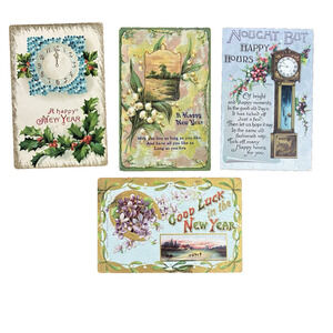 Antique Happy New Year Holiday Postcards Lot of 4 Early 1900s 1910 Gilt Embossed